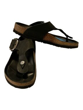 Black Leather Cork Footbed Thong Sandals
